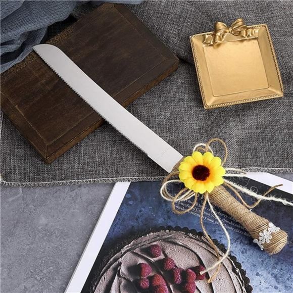 Rustic Wedding Cake Knife and Serving Set with Sunflower Burlap Lace Wedding - Picture 3 of 6